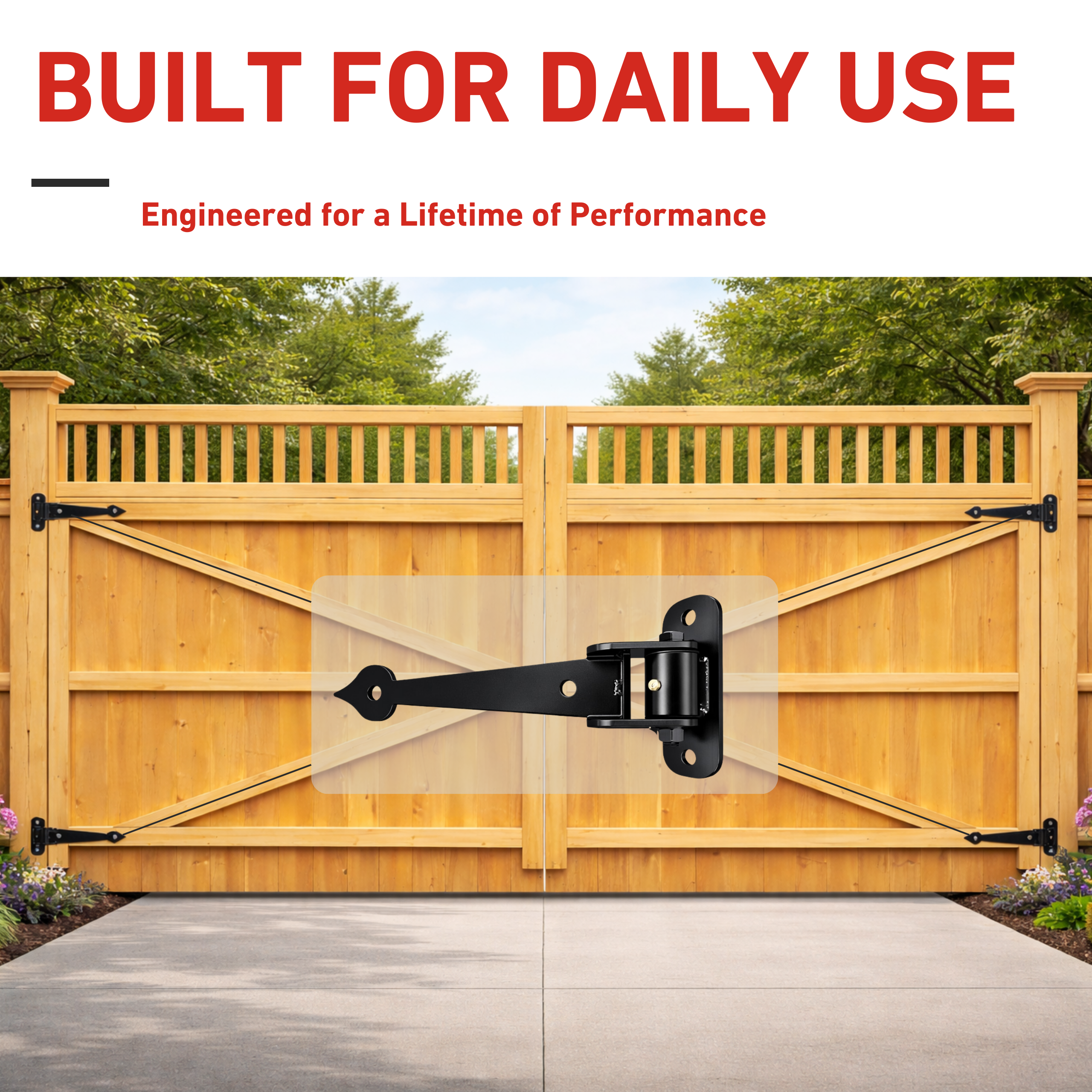 Wooden gate with metal hinges against a natural background, featuring text about durability.
