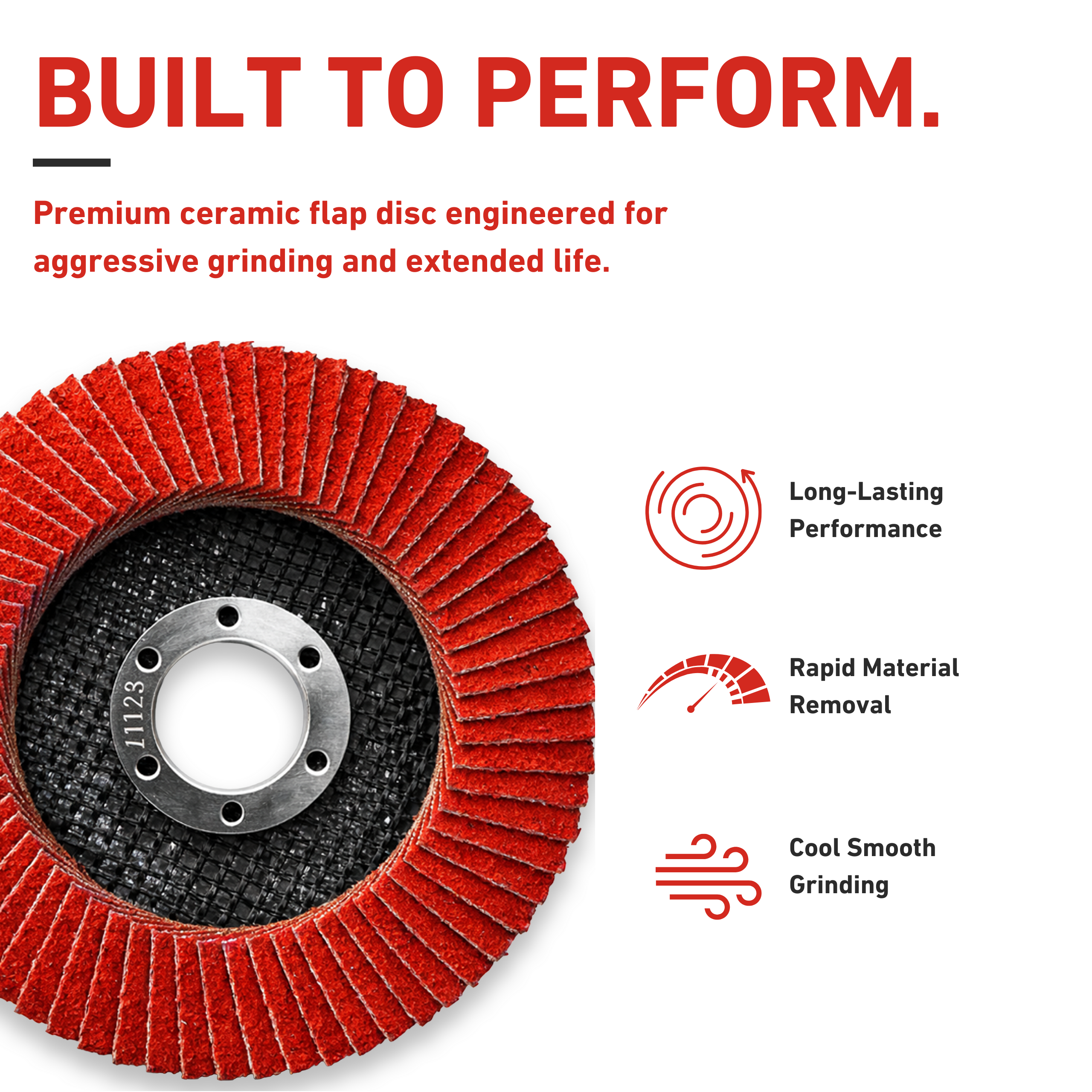 Flap disc with text highlighting its features on a white background