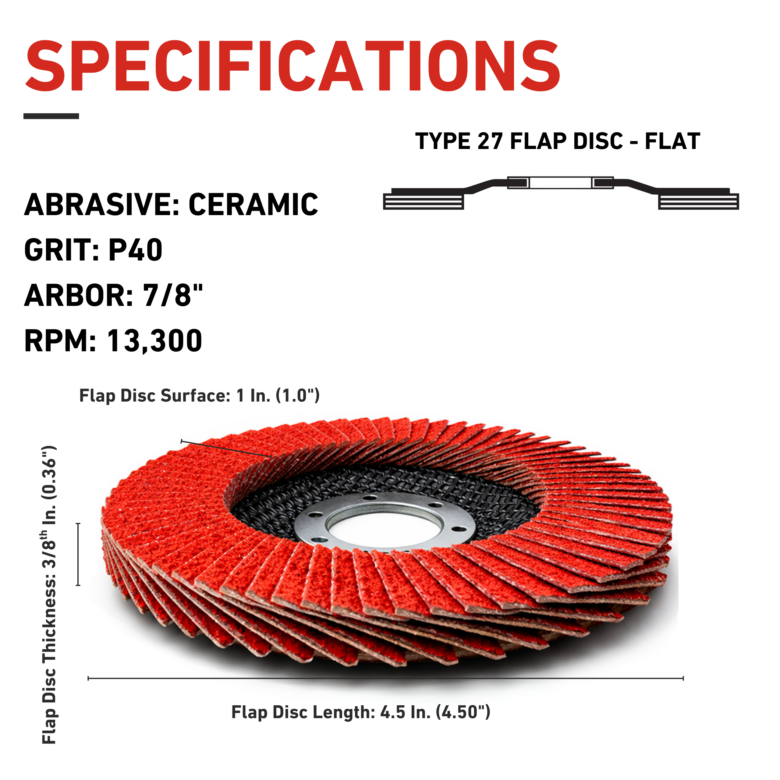 Flap disc with specifications on a white background