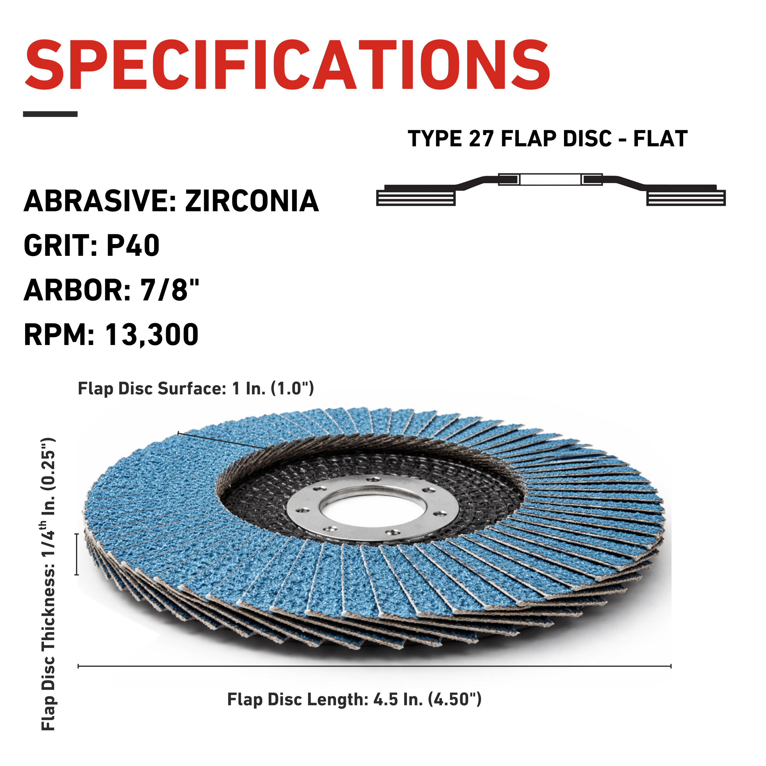 Flap disc with specifications on a white background