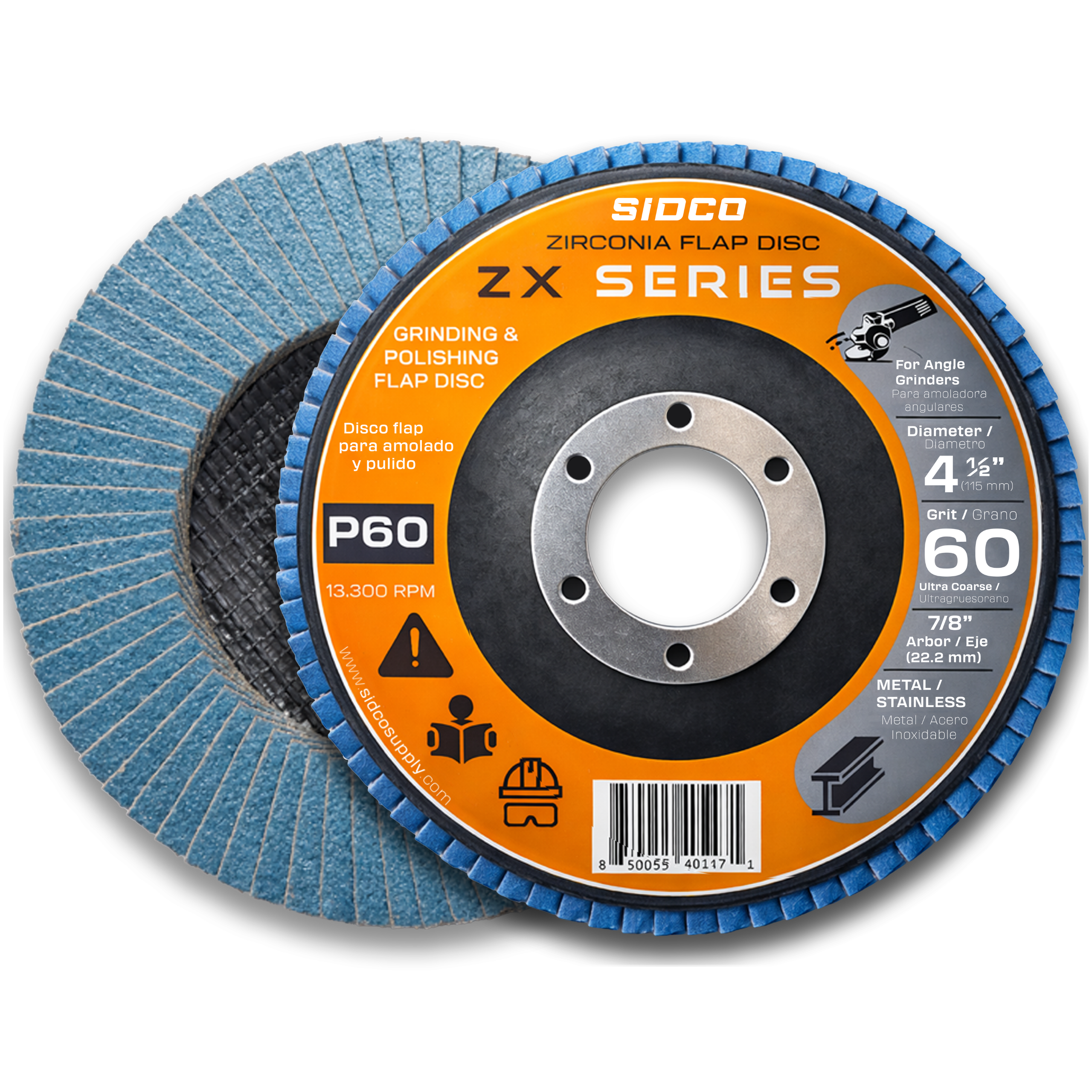 Sidco ZX Series zirconia flap disc with blue and orange design on a white background