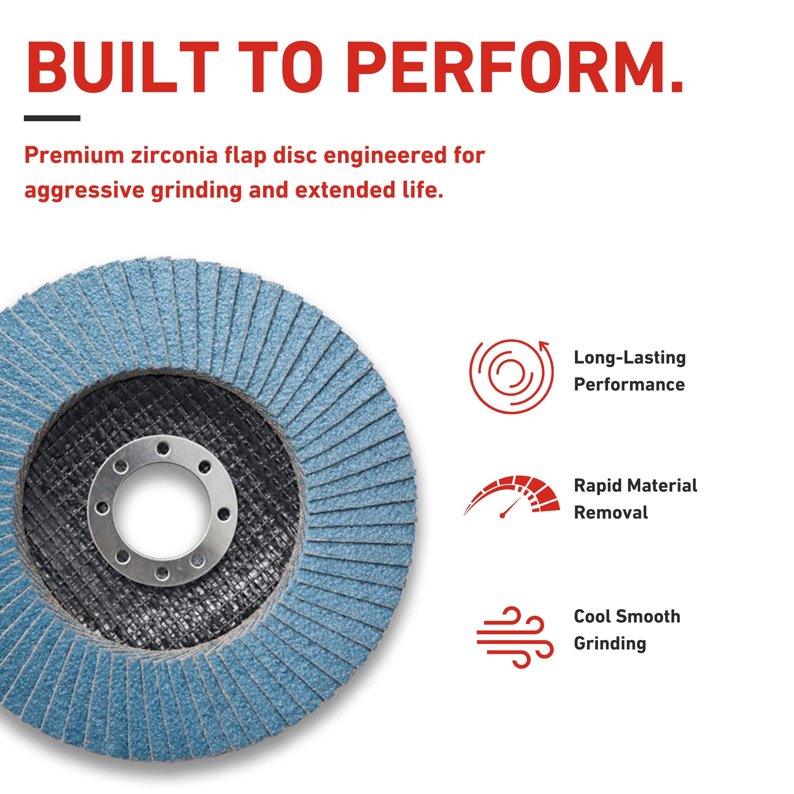 Blue ceramic flap disc with text highlighting its features on a white background