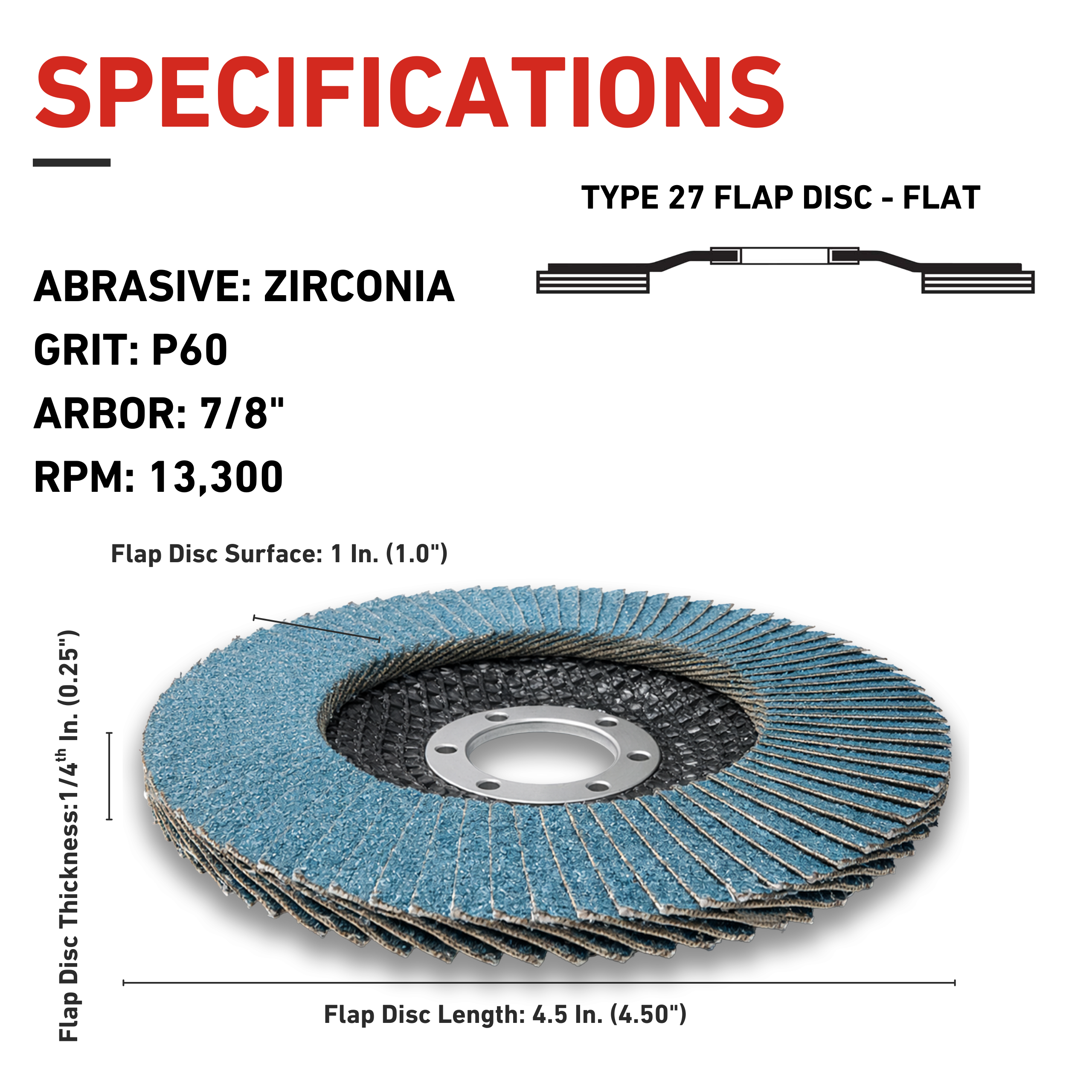 Flap disc with specifications on a white background