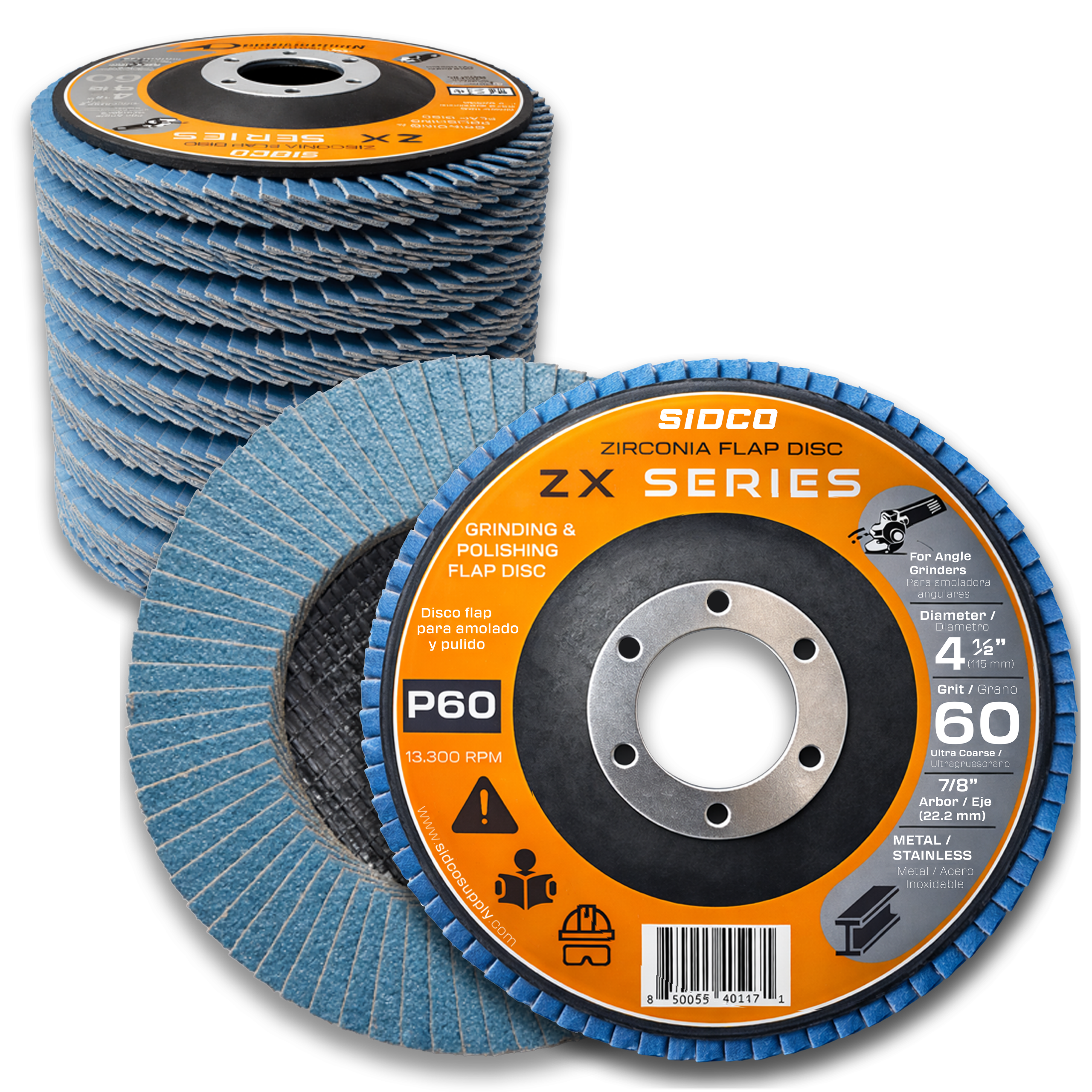 Stack of SIDCO ZX Series zirconia flap discs on a white background