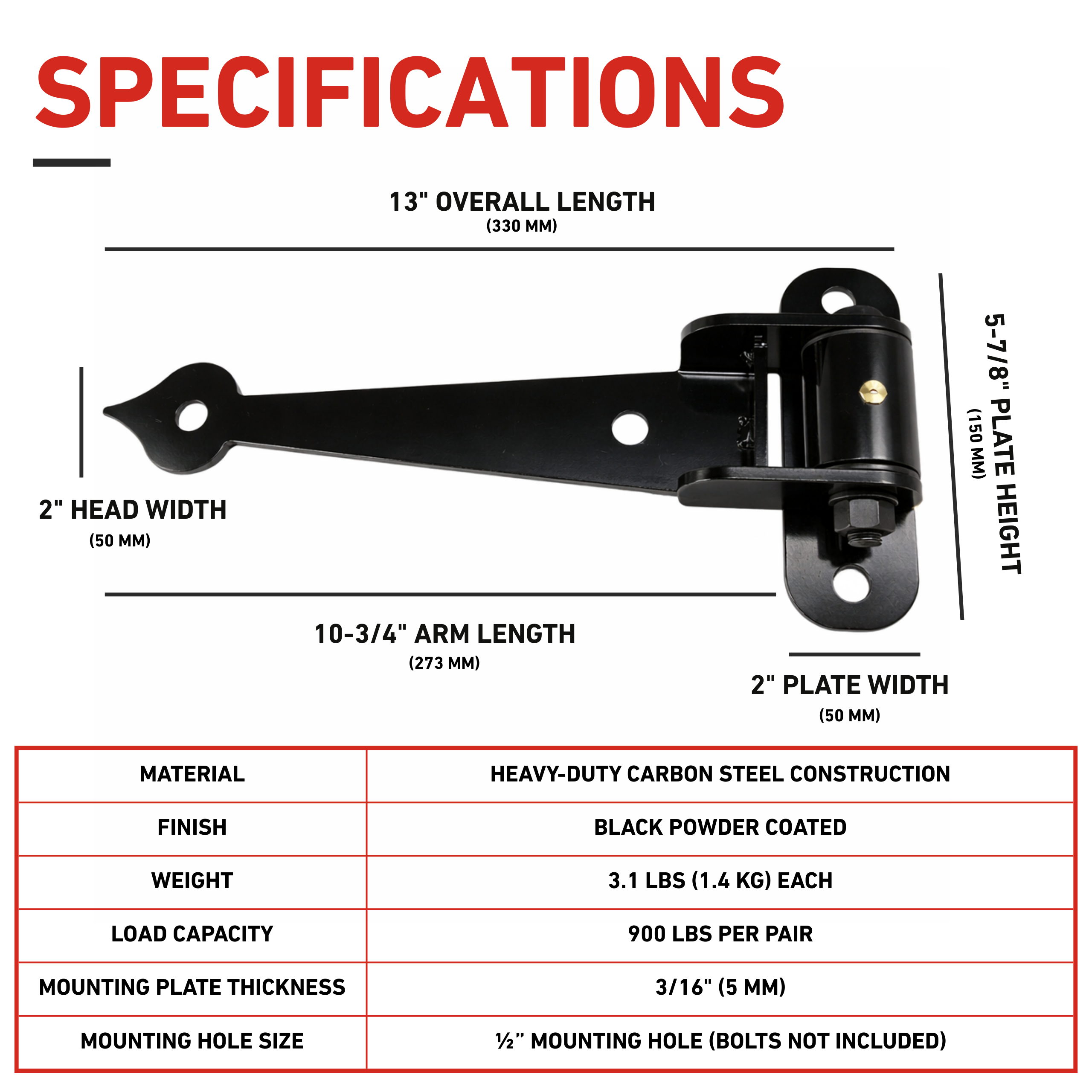 Black metal hinge with specifications listed on a white background