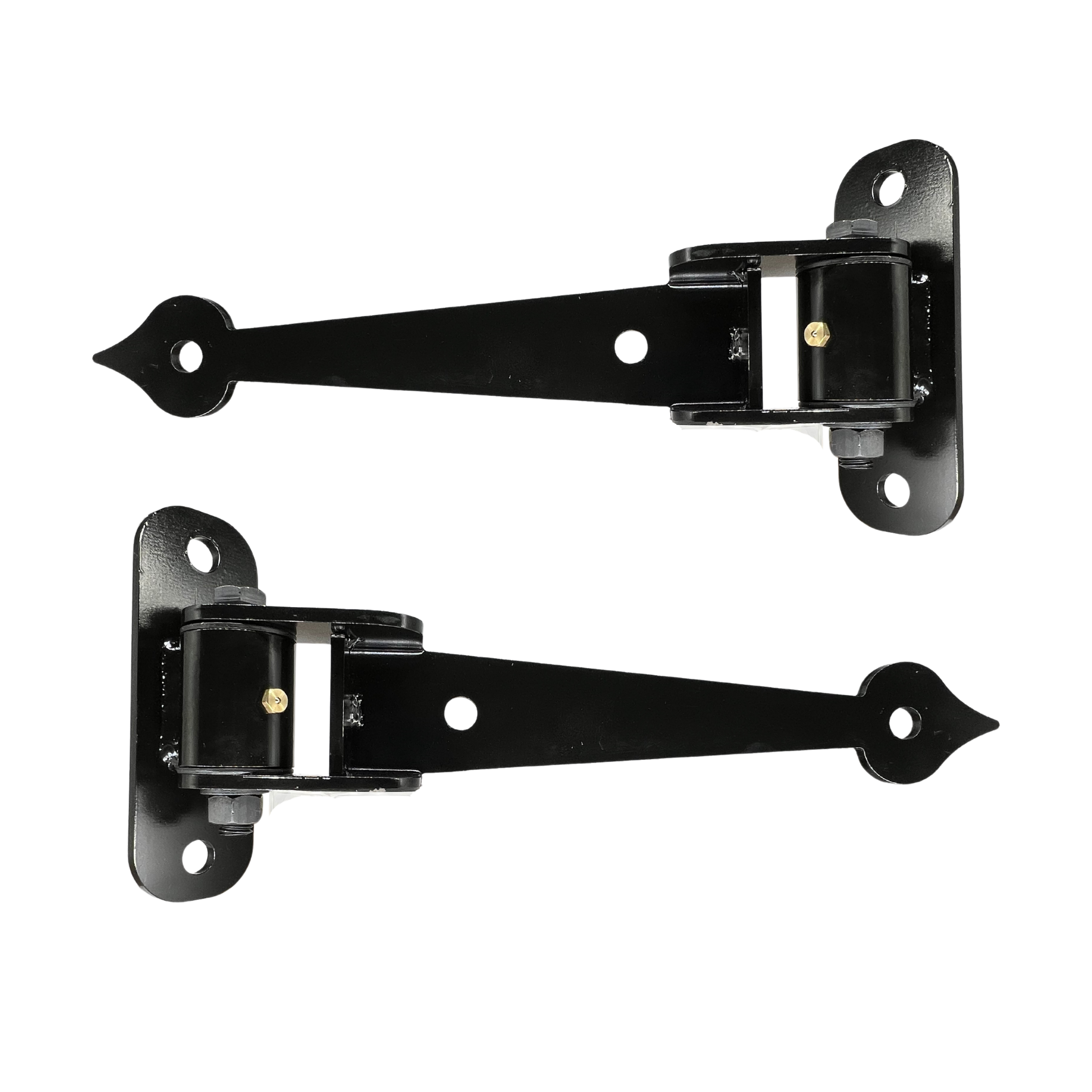 Two black metal door hinges on a white background