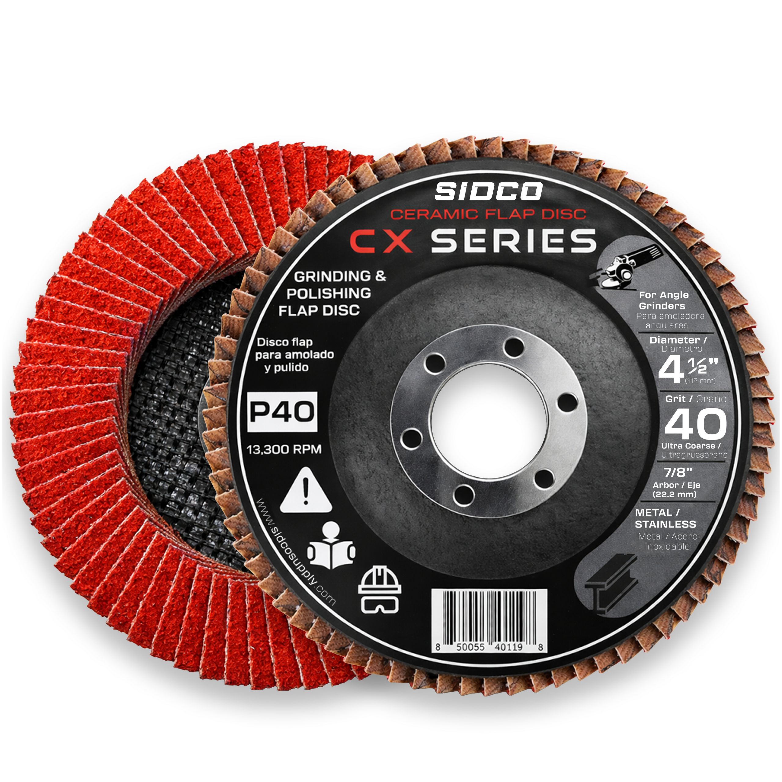 Flap disc with red and blue design on a white background
