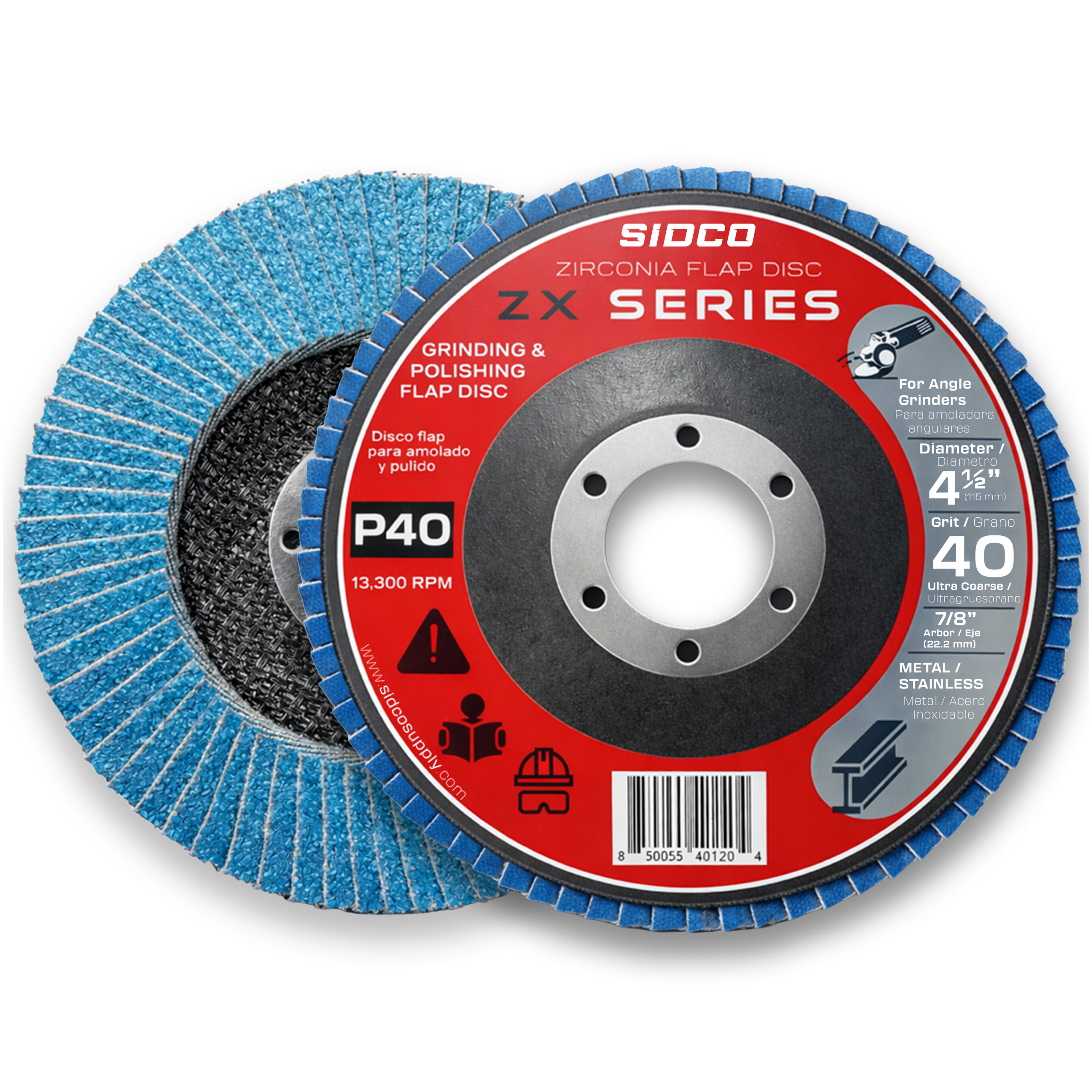 Flap disc with red and blue design on a white background