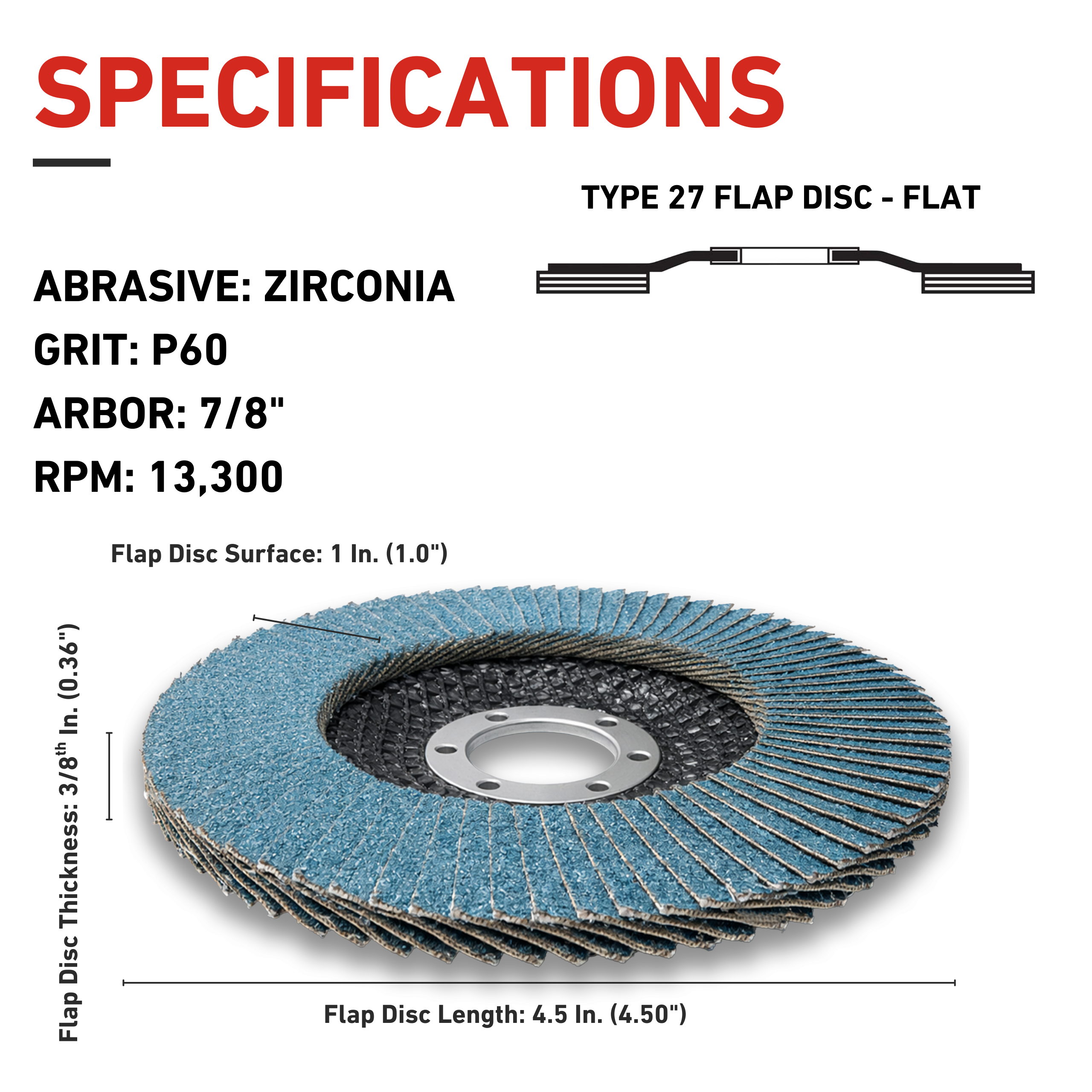 Flap disc with specifications on a white background