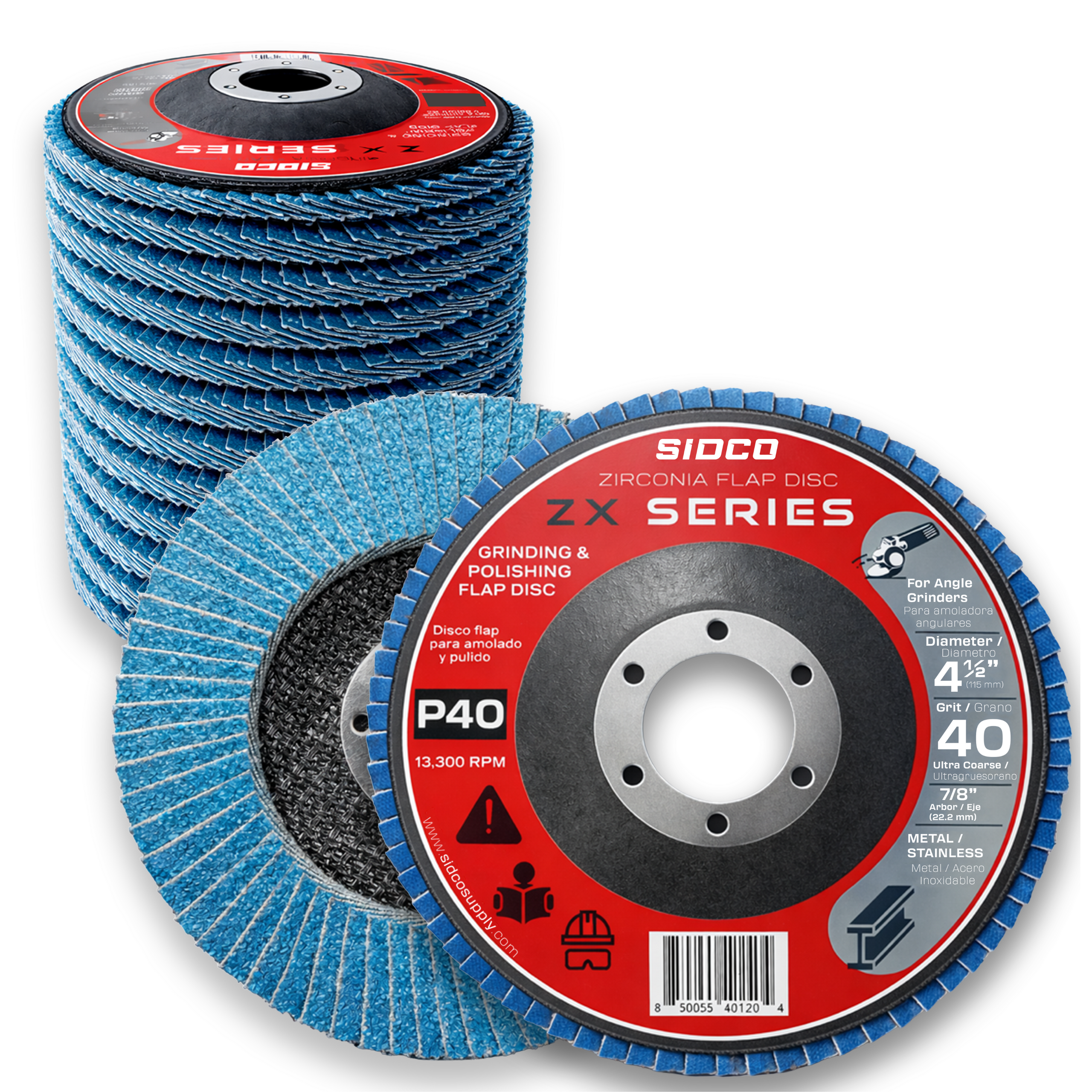 Stack of Sidco ZX Series flap discs on a white background
