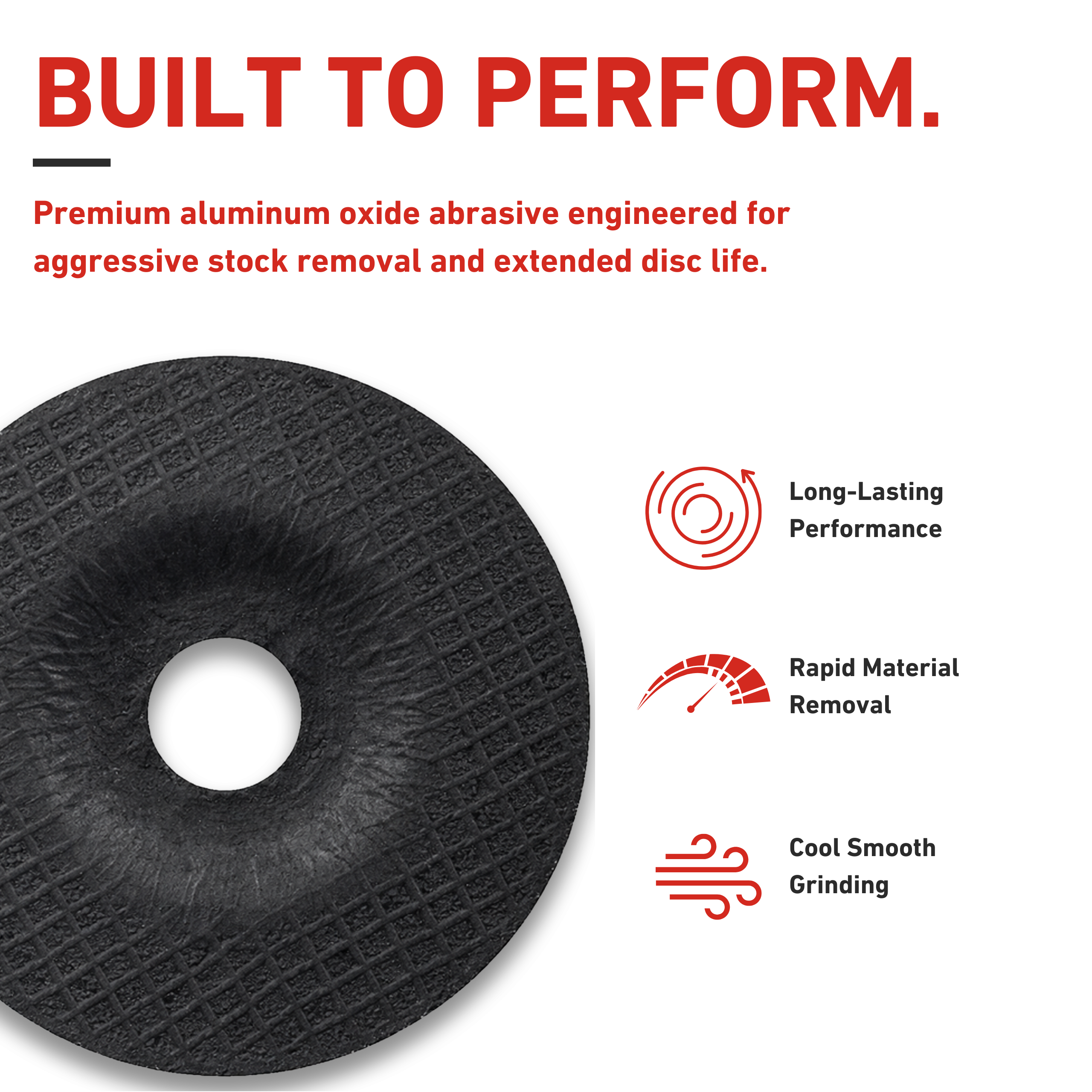 Abrasive disc with text highlighting its performance features on a white background