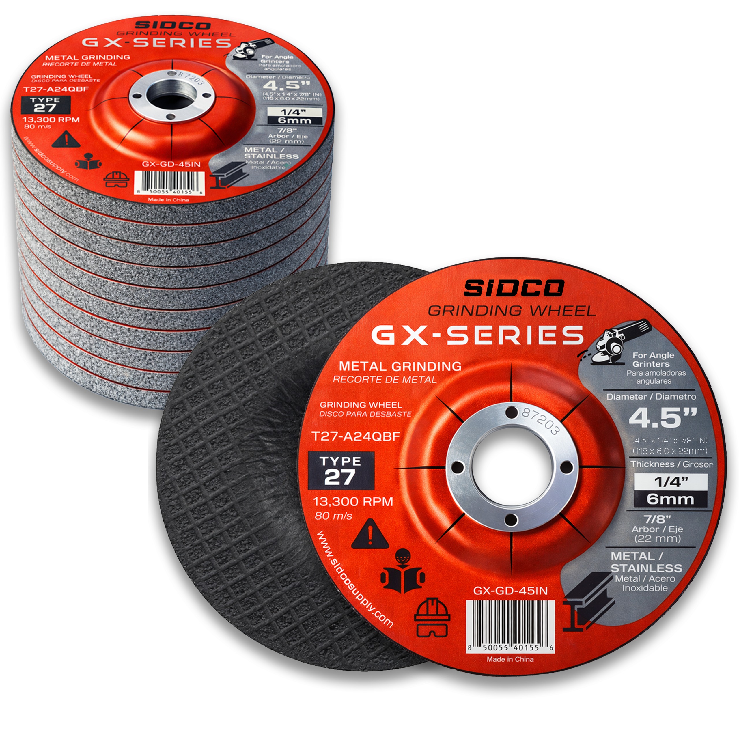 Stack of Sidoco GX-Series grinding wheels on a white background