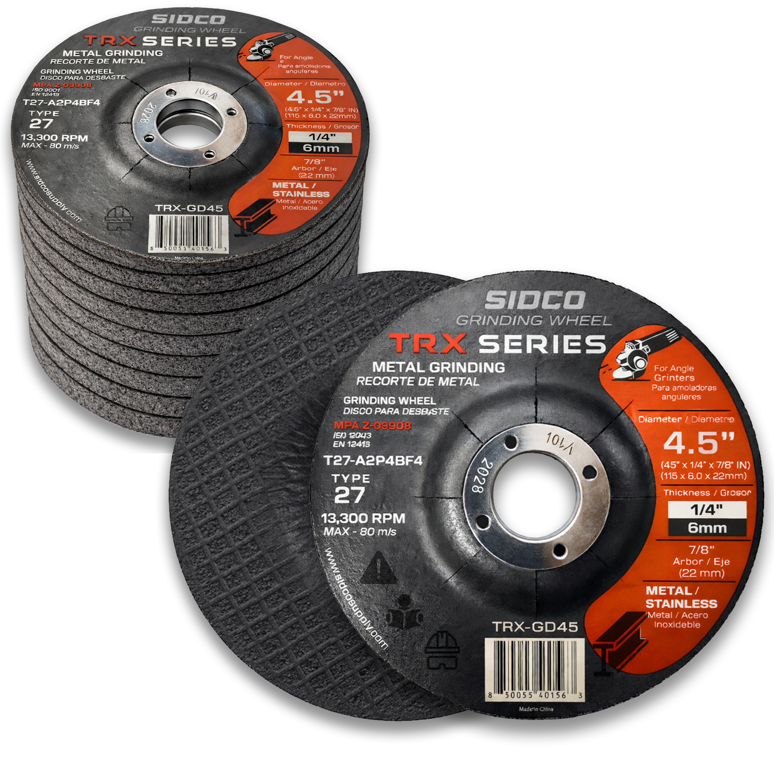 Two Sidco TRX Series metal grinding wheels on a white background