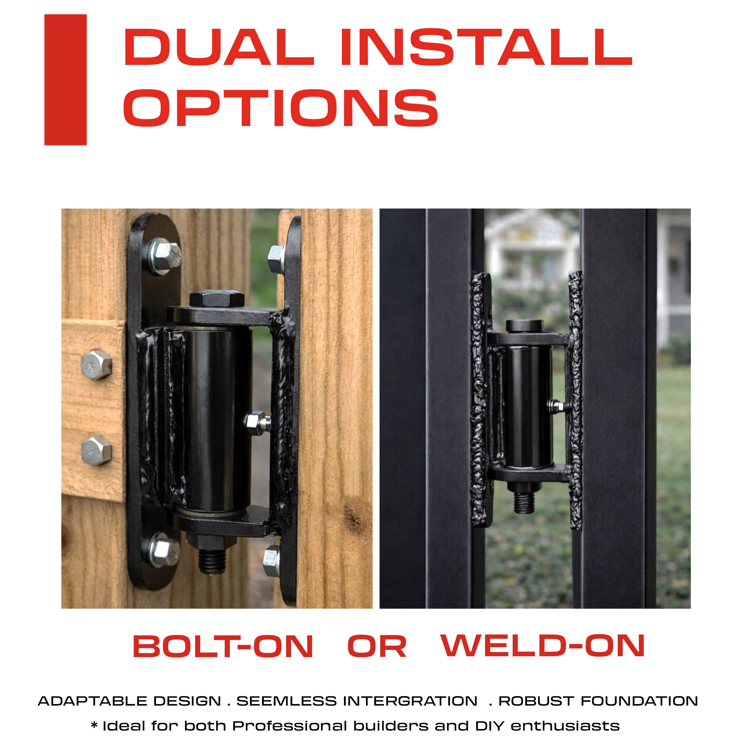 Metal bracket installation options on wooden and metal surfaces with text about dual install methods.