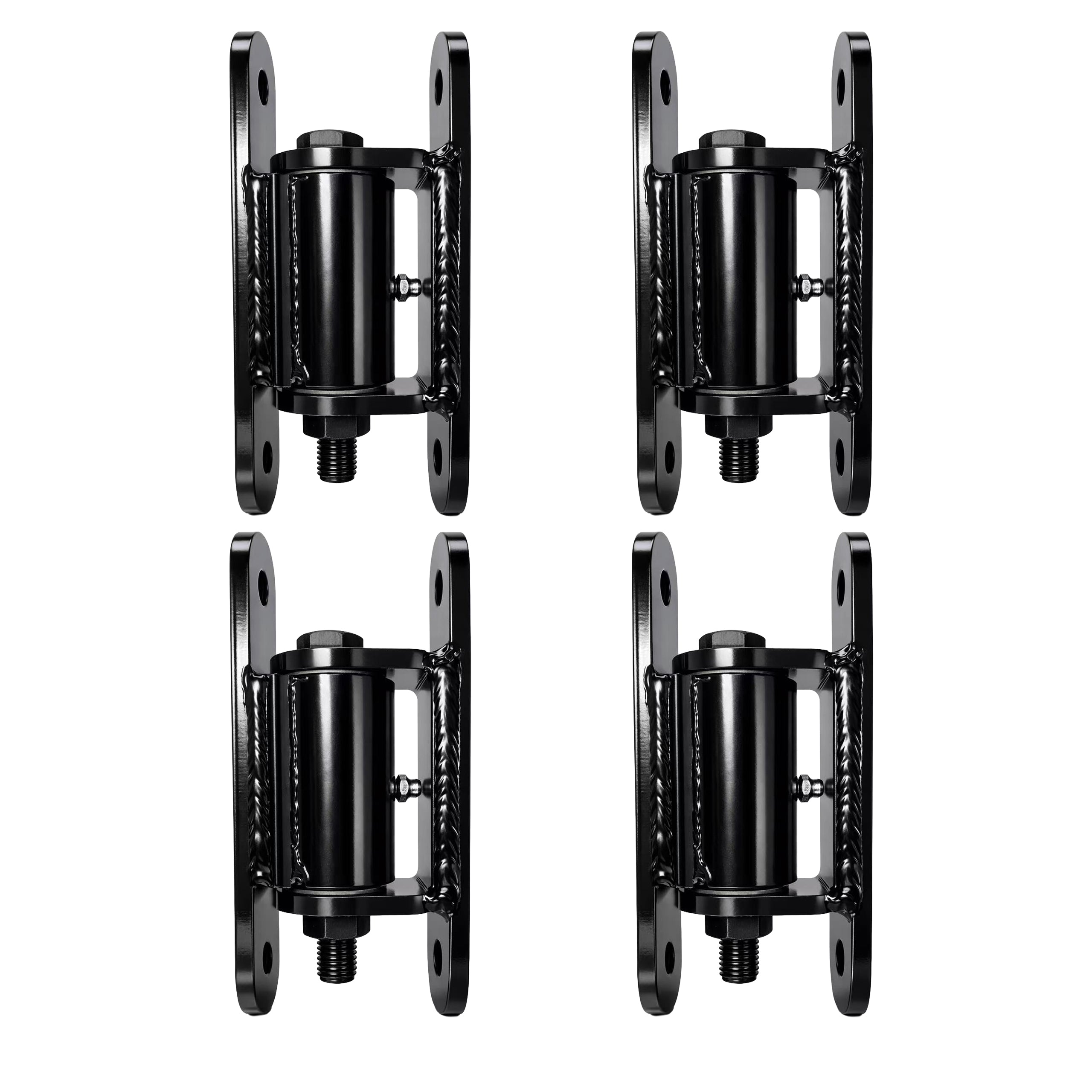 Four black wall mount brackets on a white background