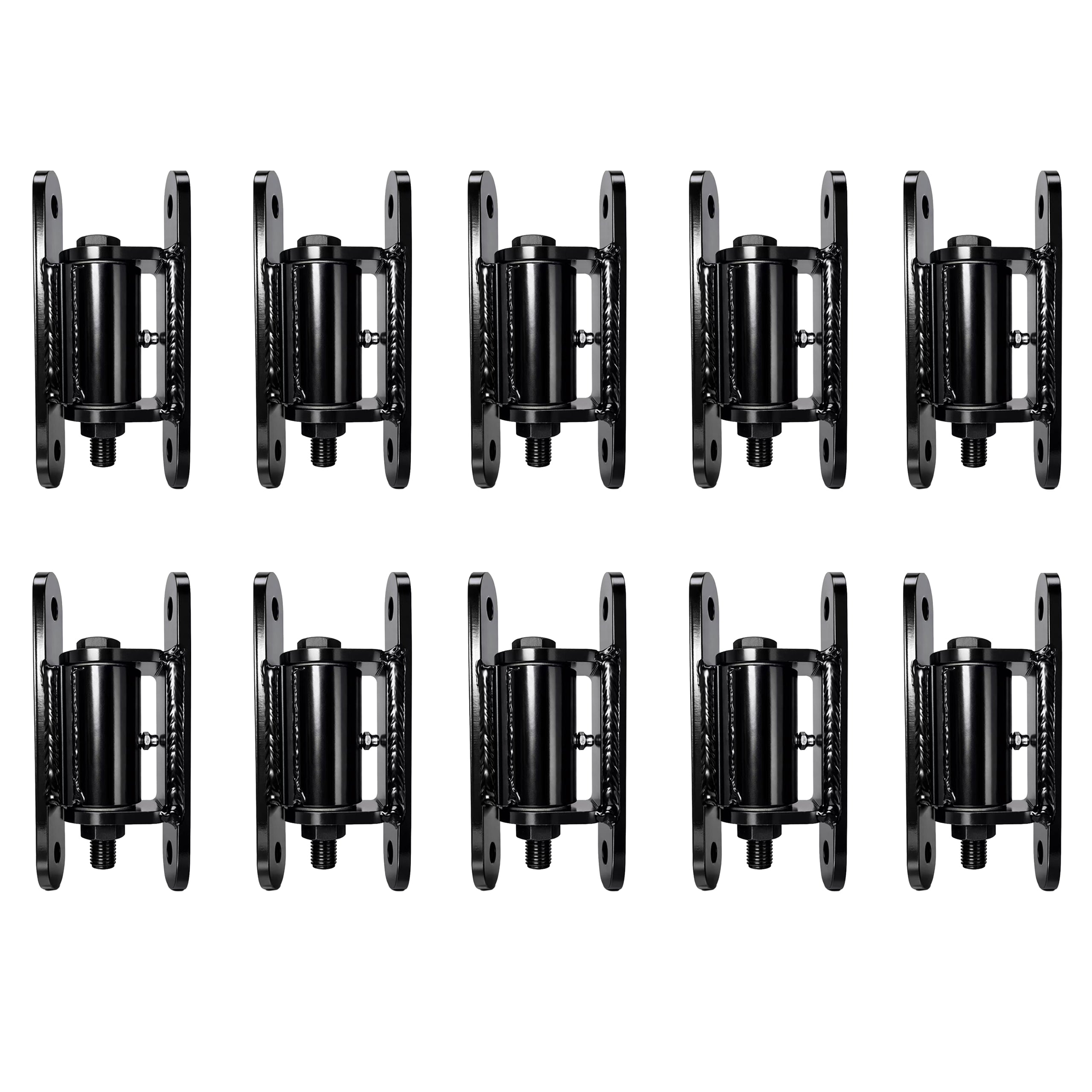 Set of black metal brackets arranged in a grid on a white background