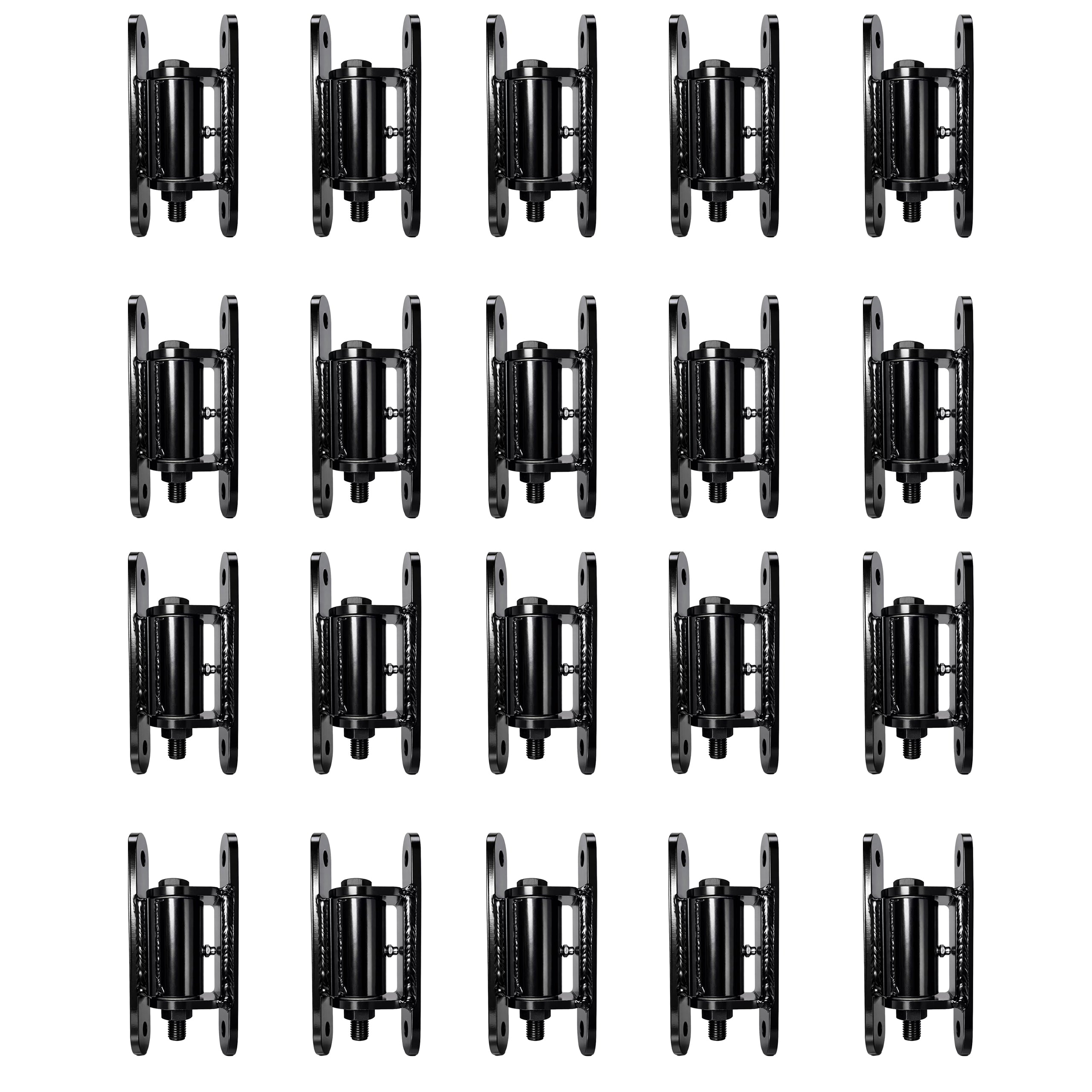 Multiple black metal hinges arranged in a grid on a white background