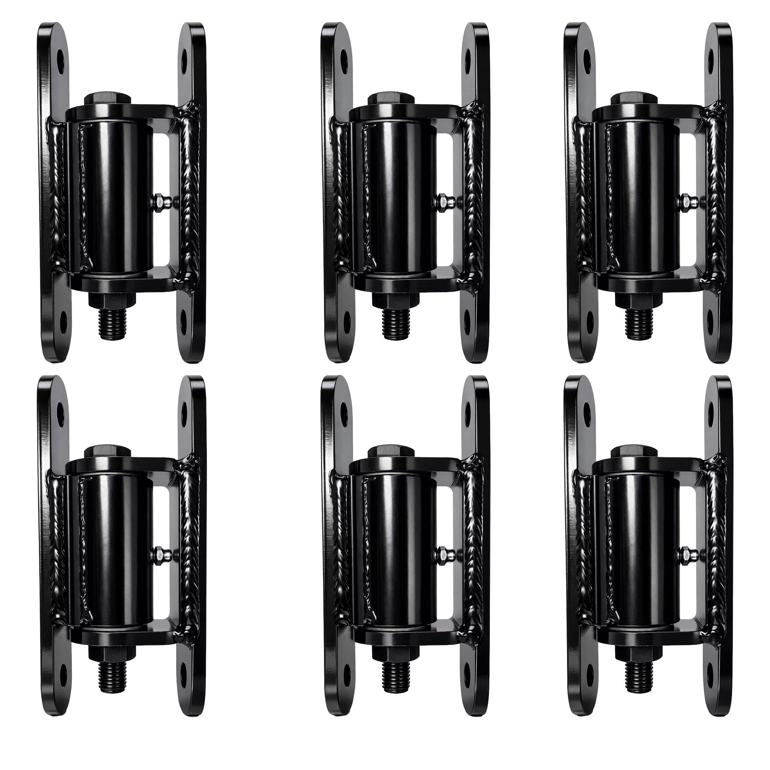 Six black metal wall mount brackets on a white background