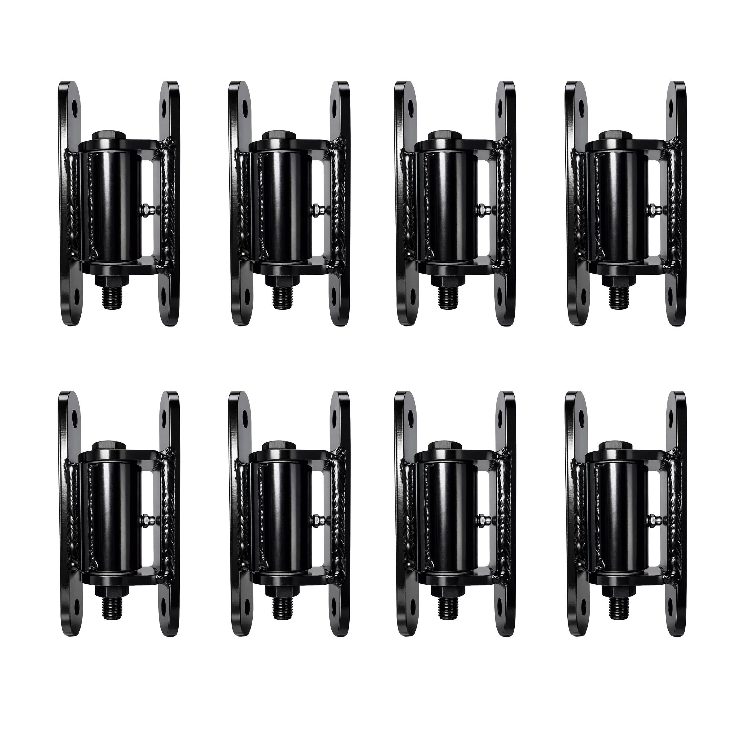 Set of eight black metal wall mount brackets on a white background