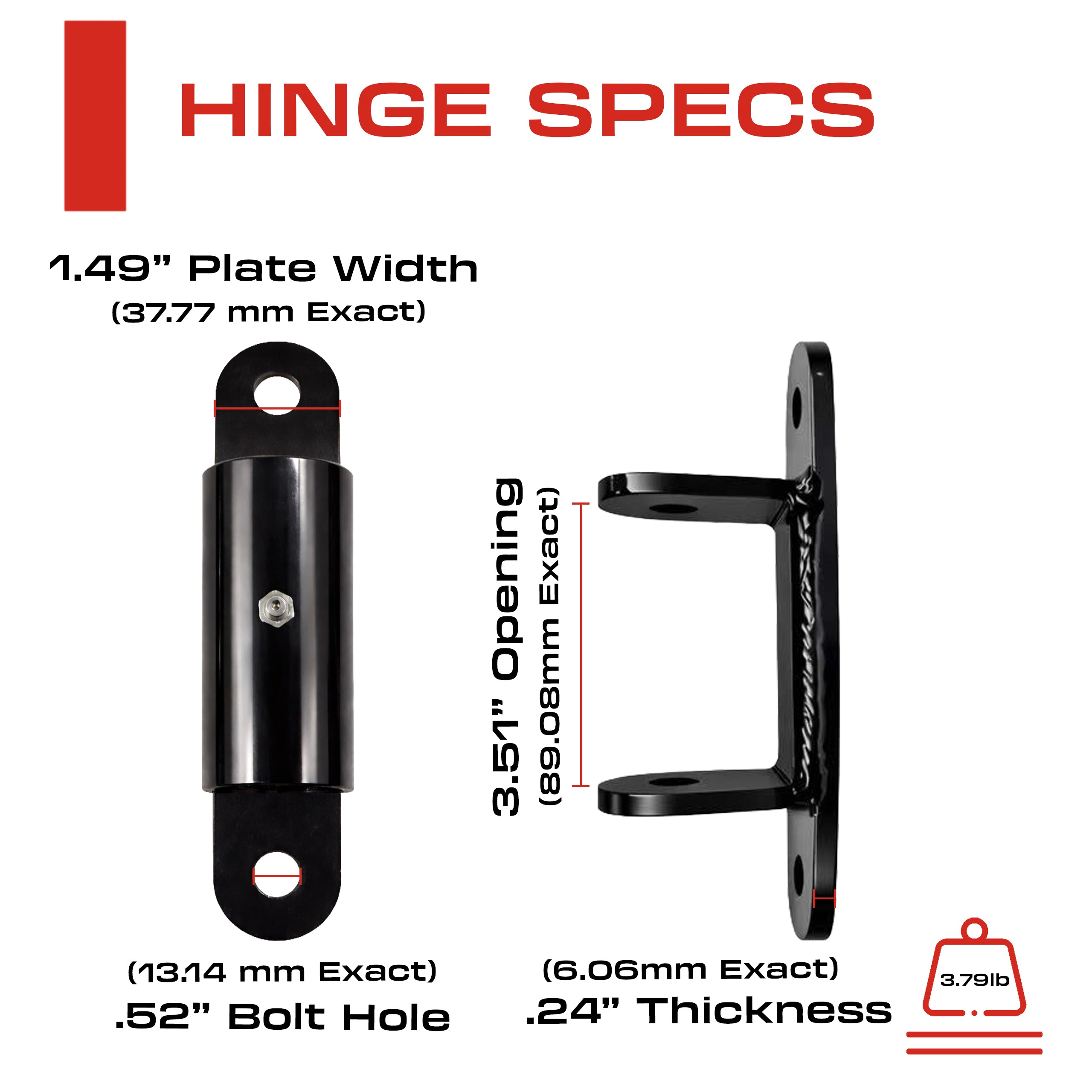 Hinge specifications with measurements on a white background