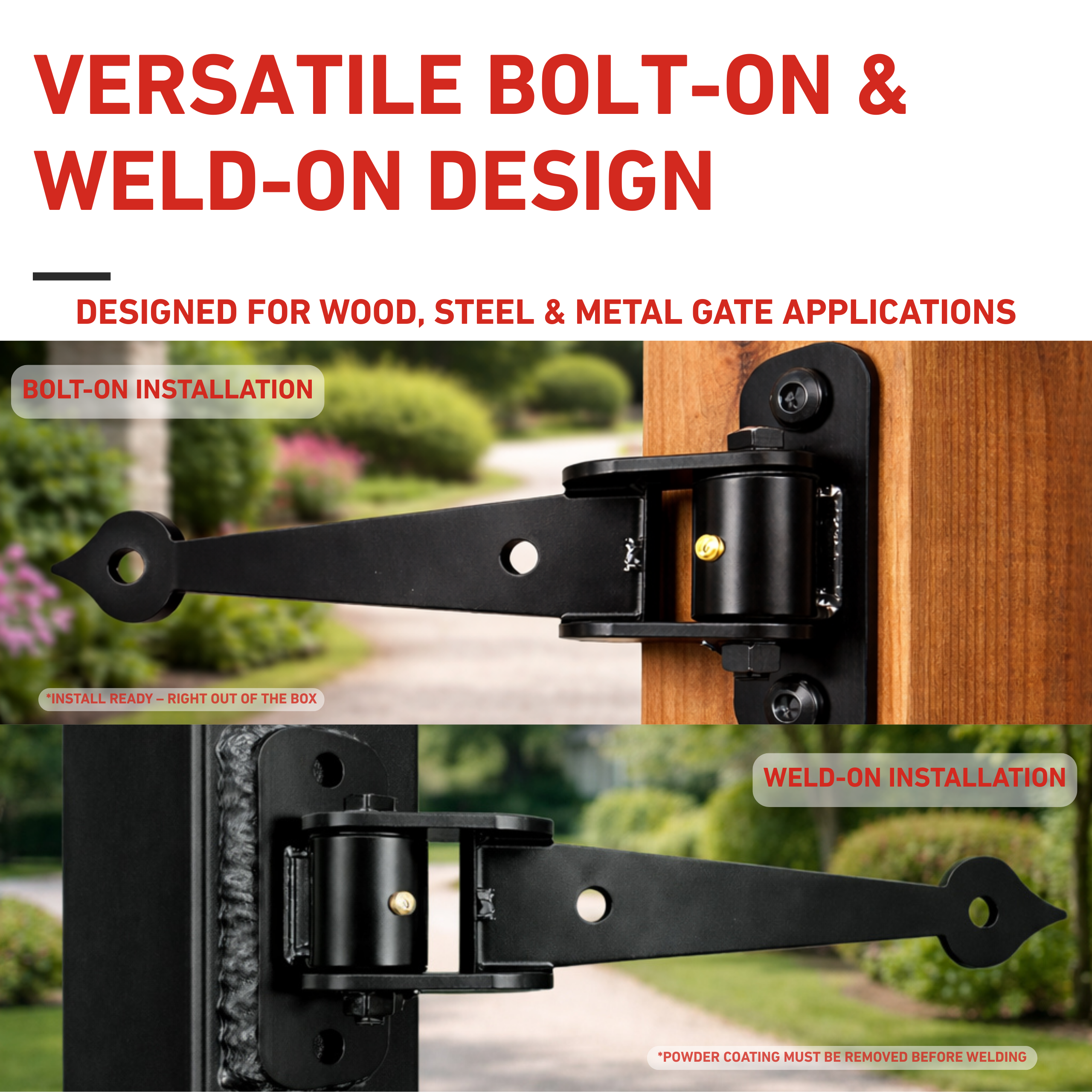 Black gate hinge with text about versatile bolt-on and weld-on design for various gate applications.