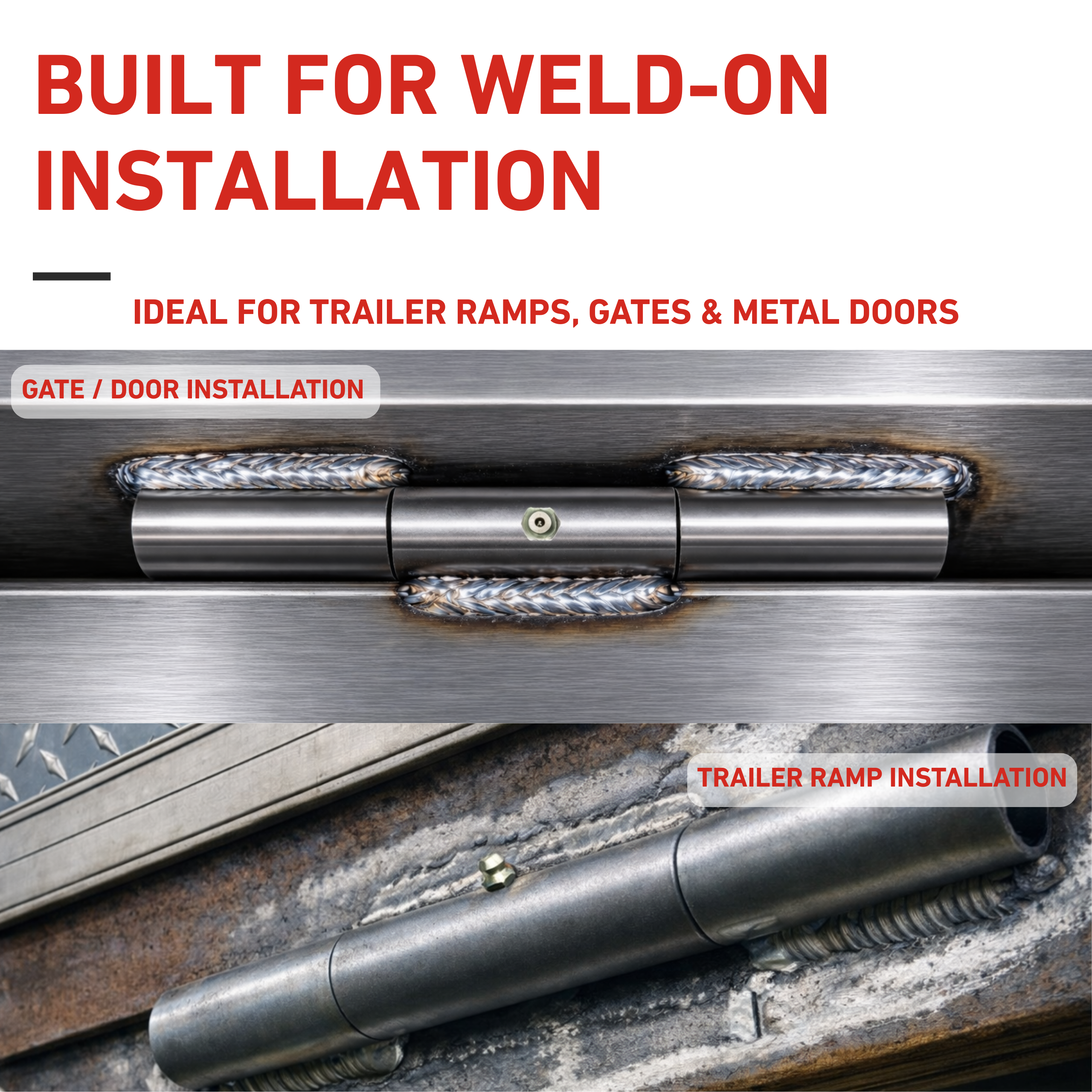 Metal installation tool with text about weld-on installation for trailer ramps, gates, and metal doors.