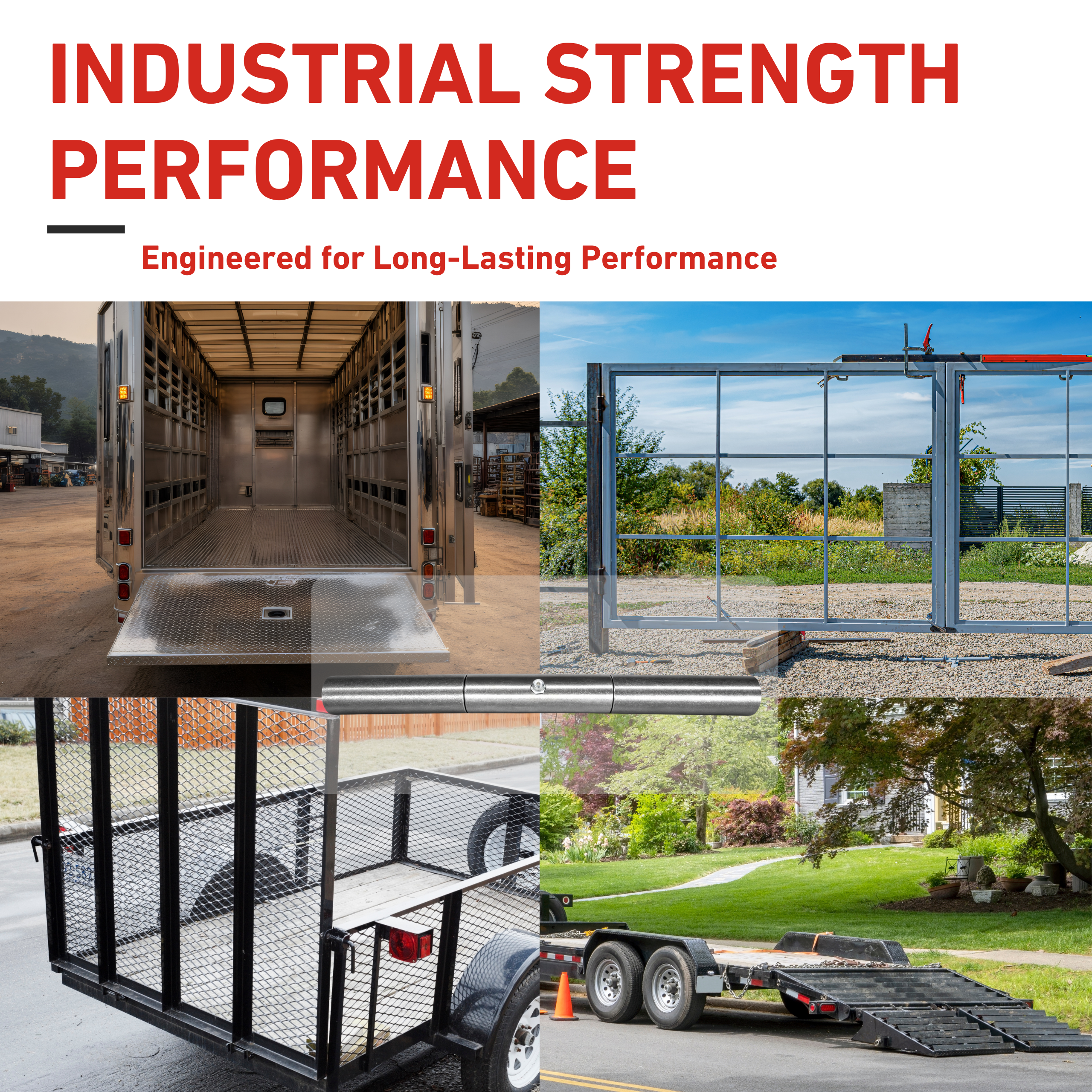 Collage of industrial trailers and structures with text 'INDUSTRIAL STRENGTH PERFORMANCE' on a white background.