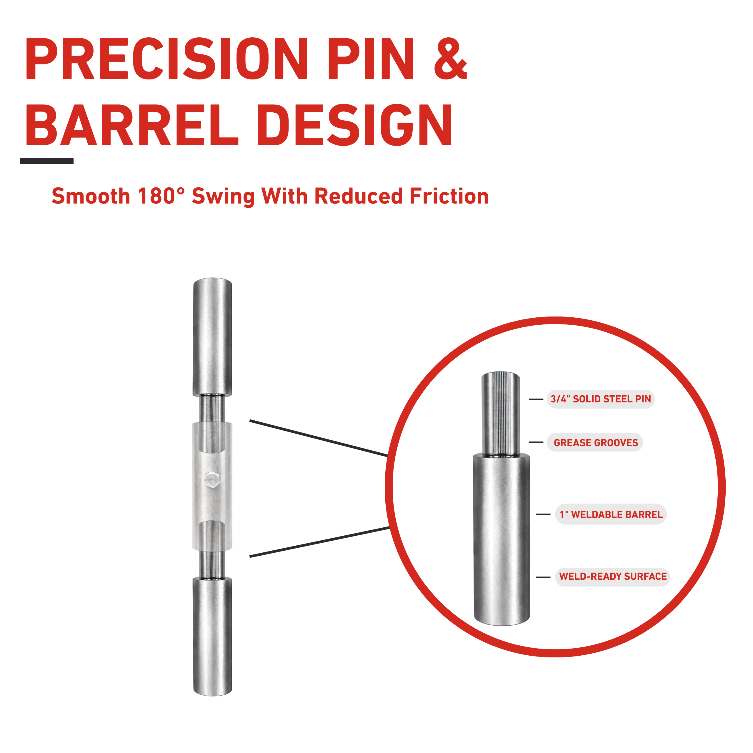 Metallic precision pin and barrel design with text on a white background